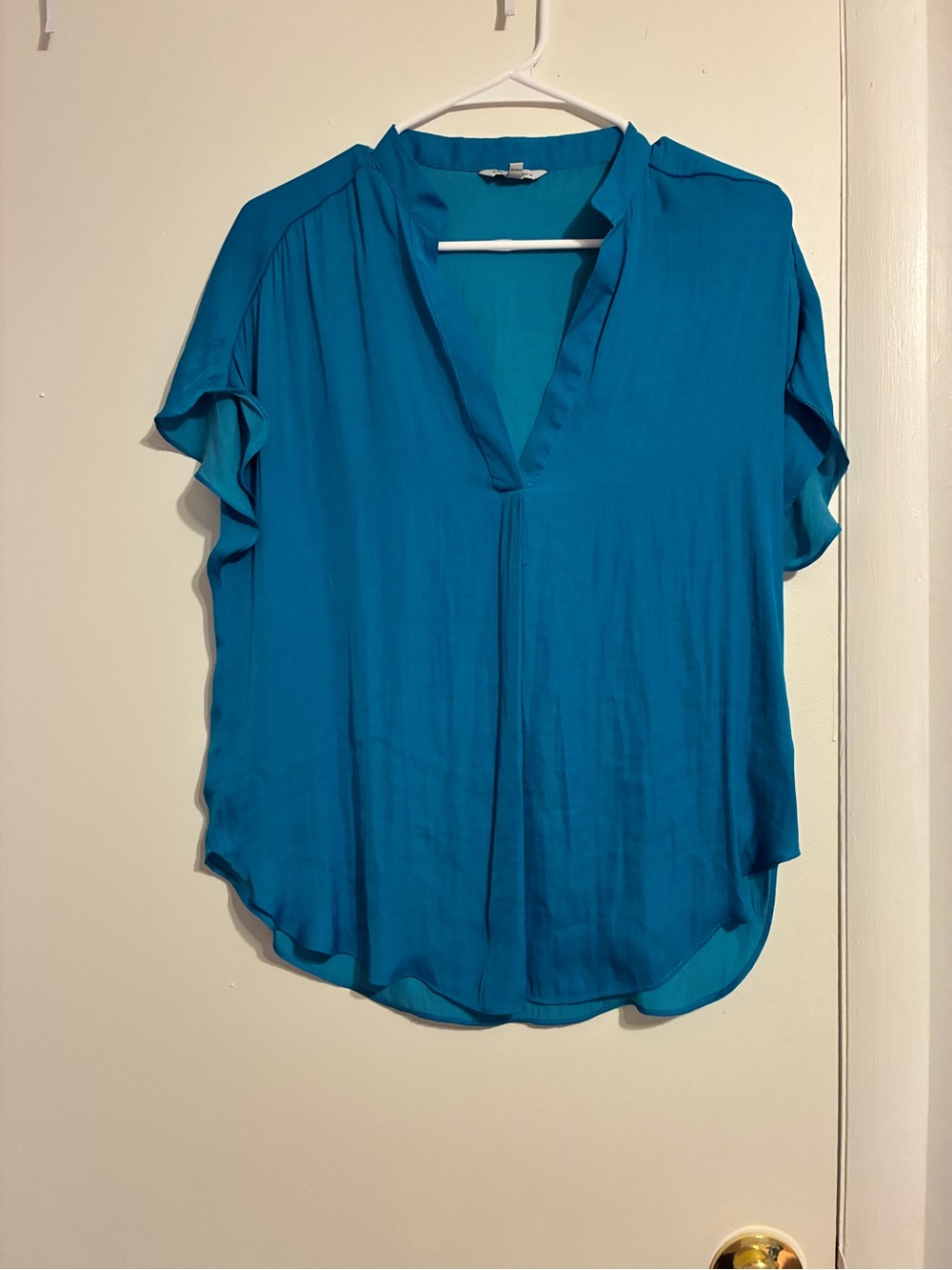 Naked Zebra Teal Split-Neck Flutter Sleeve Blouse